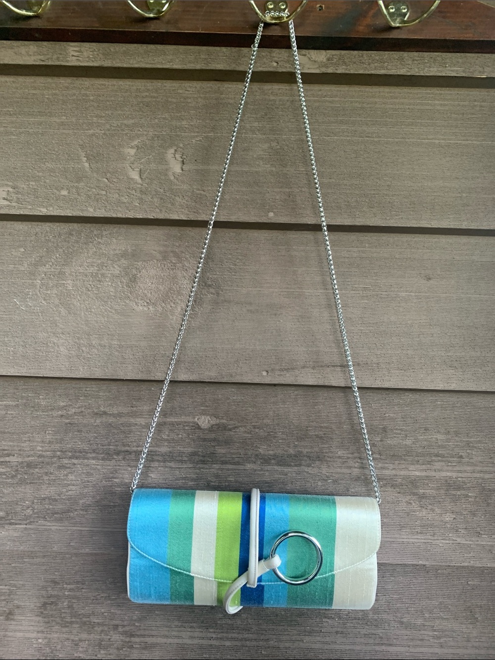 Striped Blue & Green Chain Clutch Handbag